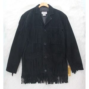 Vintage Leather Black Suede Jacket Fringe Western Cowboy Festival Boho Men's Lg